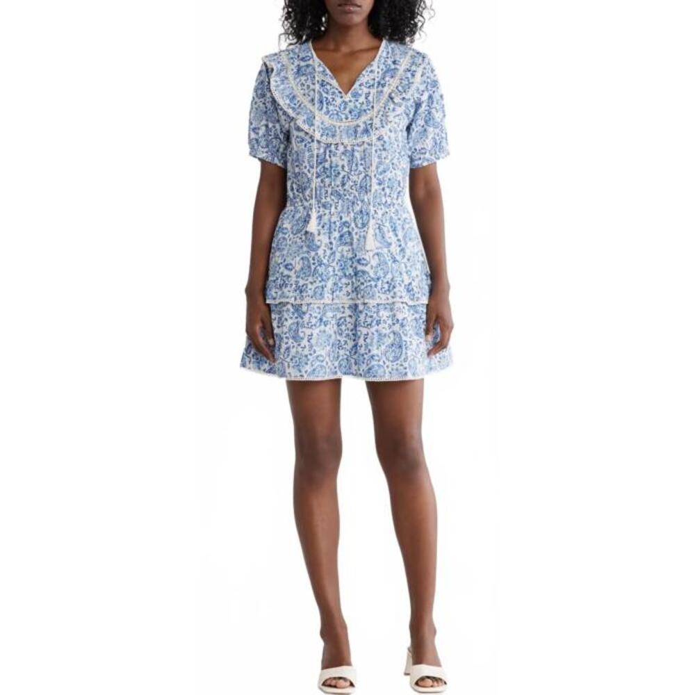 Maisie 100% Cotton Paisley Elastic Waist Mini Dress Blue NWT Small